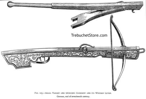 fig. 105. - small target and sporting crossbow and its wooded lever. german, end of the seventeenth century.