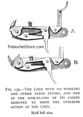 Fig. 139. - The Lock with Its Working and Other Parts, Fitted, and One of the Side-Plates of Its Casing Removed to show the Interior Action of the Lock. Half full size.