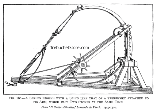 Fig. 180. - A Spring Engine with a Sling like that of a Trebuchet Attached to Its Arm, which Cast Two Stones at the Same Time.