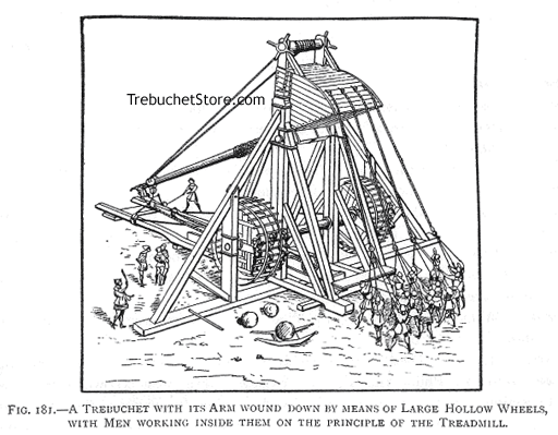 Fig. 181. - A Trebuchet with Its Arm Wound Down by Means of Large Hollow Wheels, with Men Working Inside Them on the Principal of a Treadmill.