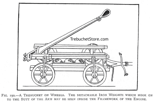 Fig. 190.  - A Trebuchet on Wheels. The Detachable Iron Weights which Hook On to the Butt of the Arm May be Seen Inside the Framework of the Engine.