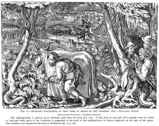 Fig. 21. - Shooting Partridges as They Feed, by Means of a Crossbow and Stalking Horse