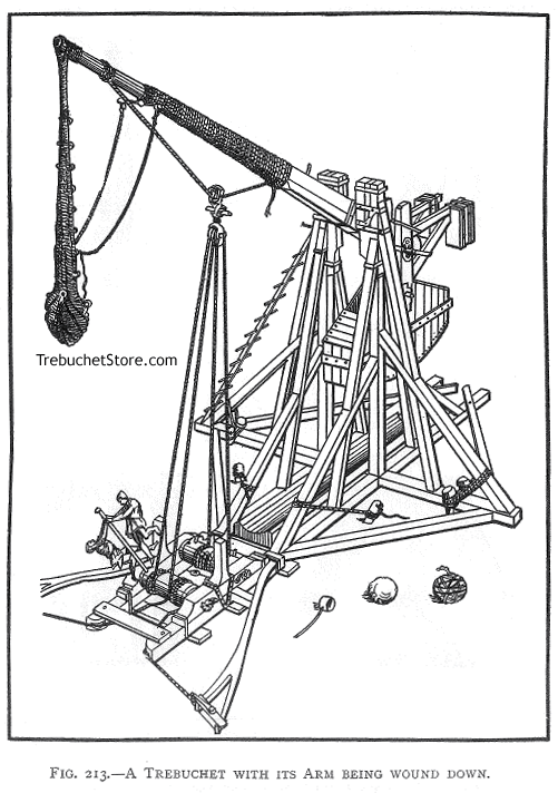 Fig. 213. - A Trebuchet with Its Arm being Wound Down.