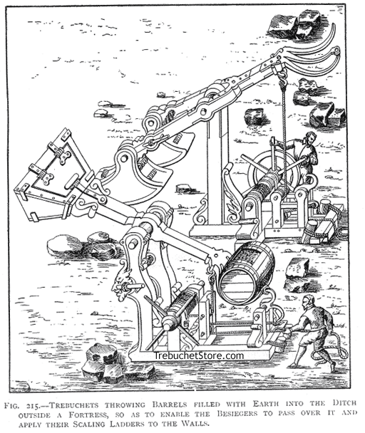 Fig. 215. Trebuchets Throwing Barrels Filled with Earth into the Ditch Outside a Fortress, so as to Enable the Besiegers to Pass Over It and Apply Their Scaling Ladders to the Walls.