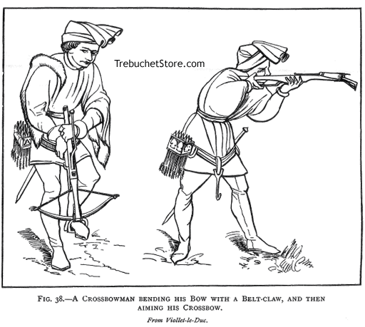 Fig. 38. -  A Crossbowman Bending His Bow with a Belt Claw and then Aiming His Crossbow.