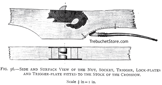Fig. 56. - Side and Surface View of the Nut, Socket, Trigger, Lock-Plates, and Trigger Plate Fitted to the Stock of the Crossbow. Scale 1/4 in. = 1 in.