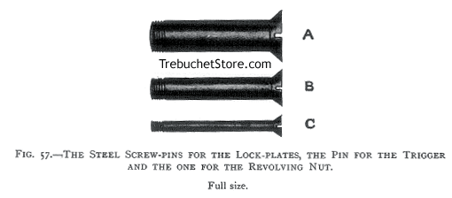 Fig. 57. - The Steel Screw-Pins for the Lock-Plates, the Pin for the Trigger and the One for the Revolving Nut. Full size.