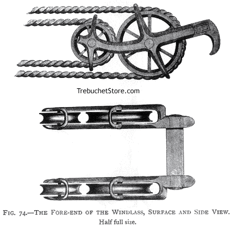 fig. 74. - the fore-end of the windlass surface and side view. half full size.