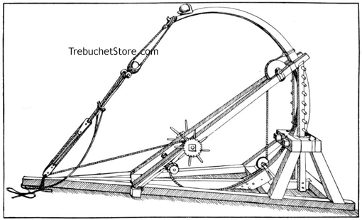 A SPRING ENGINE WITH A SLING ATTACHED TO ITS ARM, WHICH CAST TWO STONES AT THE SAME TIME.