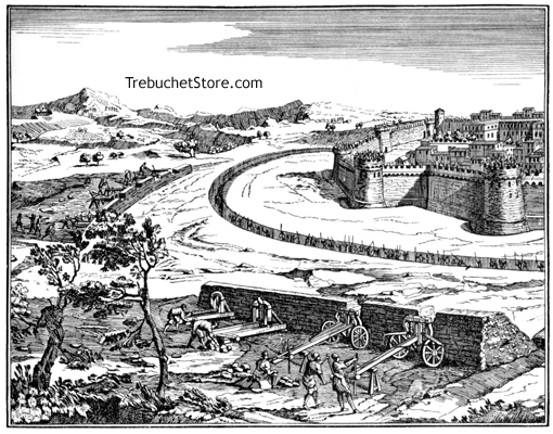 besieging a fortified town with a battery of catapults and ballistas