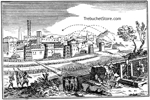 A FORTIFIED TOWN BEING BOMBARDED BY A CATAPULT.