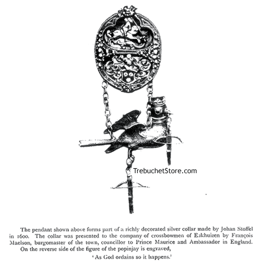 This pendant forms part of a richly decorated silver collar made by Johan Stoffel in 1600. The collar was presented to the company of crossbowmen of Eukhuizen by Frangois Maelson, burgomaster of the town, councillor to Prince Maurice and Ambassador in England. On the reverse side is a figure of the popinjay is engraved, ' As God ordains.
